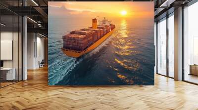 A cargo ship driving on the sea, carrying full containers, against the background of the sea, Aerial high view. Generative AI. Wall mural