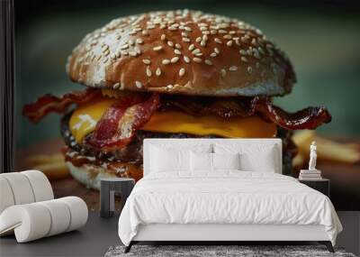 A cheeseburger with a sesame seed bun, juicy beef patty with melted cheese, a slice of crispy bacon. Wall mural