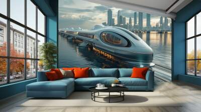 A city floating on the ocean and connected by a high speed train. Wall mural