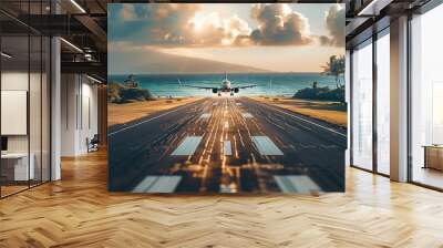 A close-up of a runway with an airplane taking off during the day, Palm trees and the ocean serve as the background. Wall mural