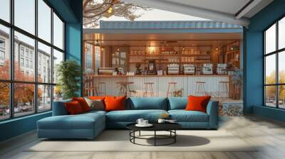 A container coffee and milk tea shop is located by the seaside, with off-white as the main color, complemented by soft light blue, blending harmoniously with the coastal landscape. Generative AI. Wall mural