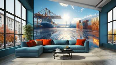 A container ship is docked in a container port, Industrial import-export port prepare to load containers. Wall mural