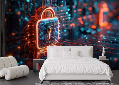 A cyber padlock on data with blue and orange accents. Generative AI. Wall mural