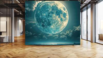 A dark gray full moon in a blue cloudy sky. Generative AI. Wall mural