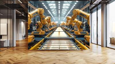 A factory with an assembly line fully robotic with two lines of big robotic arms made of yellow metal, assembling a wood house. Generative AI. Wall mural