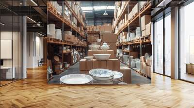 A fancy warehouse full of cardboard boxes with some ceramic tableware, bowls, plates. Generative AI. Wall mural