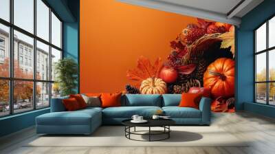 A festive abstract depiction of Thanksgiving with autumn leaves and a cornucopia against a warm orange background. Generative AI. Wall mural