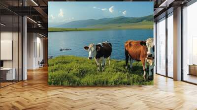 A few cows leisurely graze on the lush green grass, their black-and-white or brown coats glistening in the soft sunlight. The vast blue lake stretches into the horizon. Wall mural