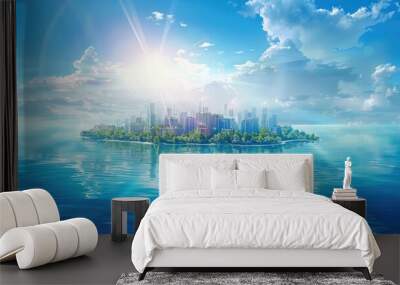 A floating island with buildings and industrial cities, blue sky background, sun rays shining on the sea surface. Generative AI. Wall mural