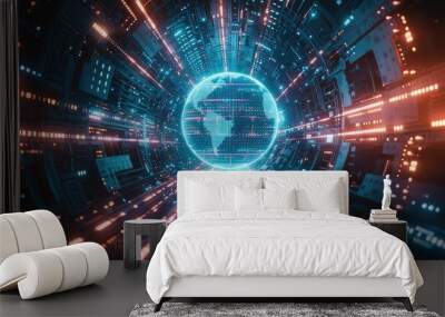 A futuristic digital world with binary code, symbolizing the impact of AI on global data and technology development. The center features an illuminated globe surrounded by light beams. Generative AI. Wall mural