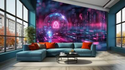 A globe with a cyber security lock in cyberspace neon dark blue and pink. Generative AI. Wall mural