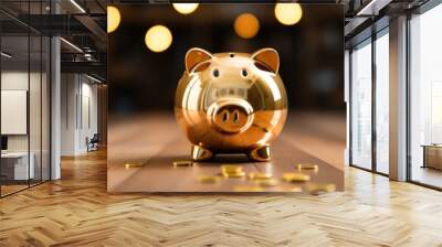 A golden piggy bank on a wooden table symbolizing financial savings and investment. Wall mural