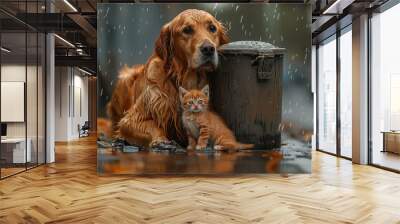 A golden retriever, drenched and dirty from the heavy rain, tenderly holding a small, shivering kitten in its arms. The duo is huddled next to a trash can, also soaked by the downpour. Generative AI. Wall mural