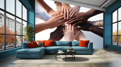 A group of people with their hands covered together in a circle. Generative AI. Wall mural