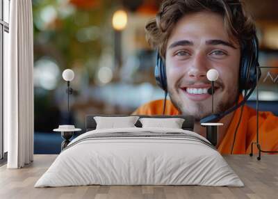 A happy white male support person on a headset wearing an orange shirt. Generative AI. Wall mural