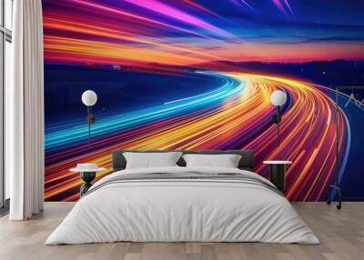 A highway with colorful light trails, symbolizing the speed and movement of digital marketing. Generative AI. Wall mural