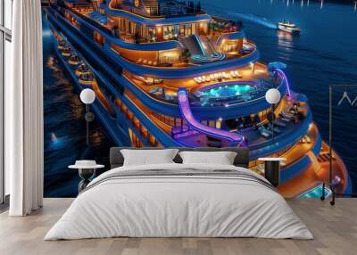 A huge luxurious cruise ship with 4 floors, at the top of the ship there is a swimming pool with a bar and water slides, an evening atmosphere and illuminated with LED lights. Generative AI. Wall mural