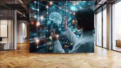 A human-like figure representing a teacher or instructor showing a digital brain representing an AI system a series of labeled images or data points. Generative AI. Wall mural