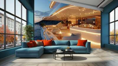 A large outdoor lounge and backlit stone bar with teak decking and white furniture on a super yacht. Generative AI. Wall mural