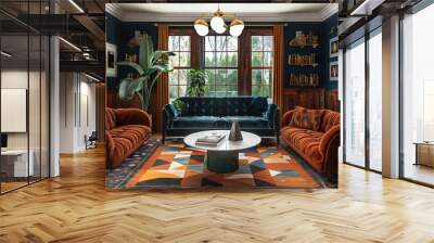 A living room featuring a mix of rich wood tones and bold colors. Include a tufted velvet sofa in a deep green or navy, retro-style armchairs, a geometric rug, and statement light fixture chandelier. Wall mural