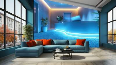 A lobby for an event attractive, design a counter with an attractive back, blue light. Wall mural