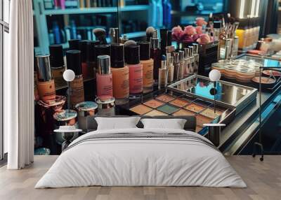 A makeup table with many make up products on top. Generative AI. Wall mural