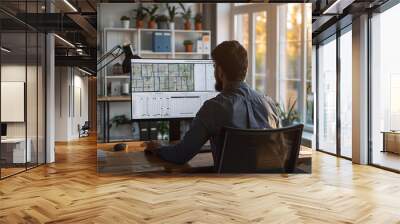 A male construction estimator sitting in front of a large monitor, working on a takeoff plan of a single family home. Generative AI. Wall mural