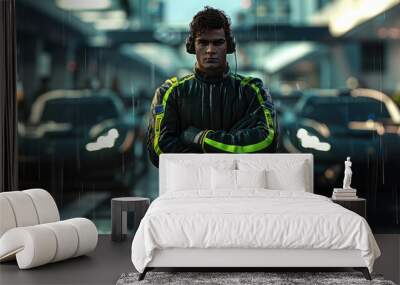 A man in black and lime green racing gear stands between two black cars. Generative AI. Wall mural