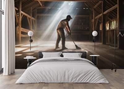 A man is vacuuming dust in his old wooden barn. Wall mural