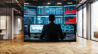 A man working at a control room with large screens displaying rising graphs and traffic stats, operators monitoring and analyzing data, Efficient and technology. Generative AI. Wall mural