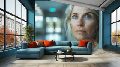 A middle-aged woman looking concerned entering a hospital emergency room. Wall mural