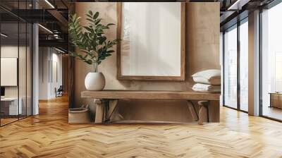 A mockup of an empty white poster frame on top of a wooden console table in a minimalist room. The beige wall background, wooden floor, and plant pot. Generative AI. Wall mural