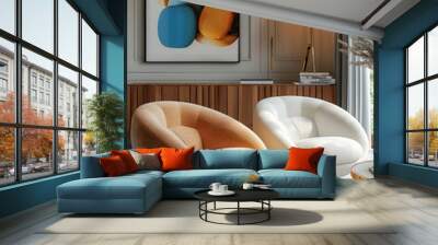 A modern and stylish living room interior. The focal point is a pair of contemporary, rounded armchair. Generative AI. Wall mural