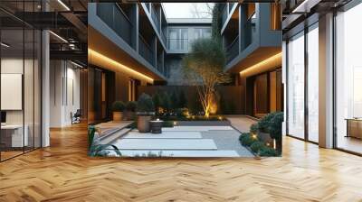 A modern courtyard in the apartment in town, in the style of dark gray and light gold. Generative AI. Wall mural