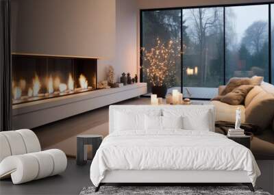 A modern fireplace in living room. Wall mural