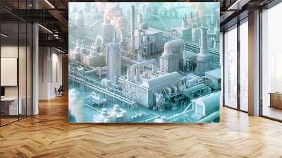 A modern industrial with a large factory in light blue and light green colors. isometric, 3D. Generative AI. Wall mural