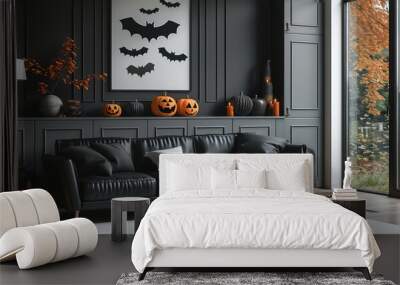 A modern living room decorated for Halloween with cute paper ghosts, pumpkins, and bats on the wall, black leather sofa, wooden coffee table, a white carpet floor, a gray cabinet against the window. Wall mural