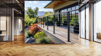 A modern minimalist black cable rail with wood on top, backyard with landscaping. Generative AI. Wall mural