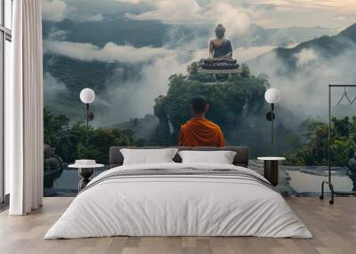 A monk meditates in front of the Buddha statue, with misty mountains and green forests behind him. The huge Buddha sits on top of a rock wall. Generative AI. Wall mural