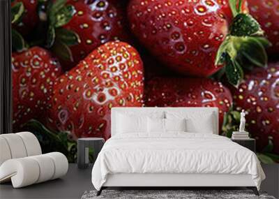 A neatly arranged pile of strawberries, strawberries filling the frame, water droplets of various sizes scattered on the strawberries. Wall mural