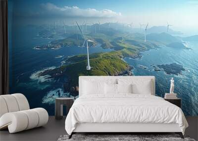 A panoramic view of the island with wind turbines and sustainable energy production, showcasing its commitment to renewable power from an aerial perspective. The ocean. Generative AI. Wall mural