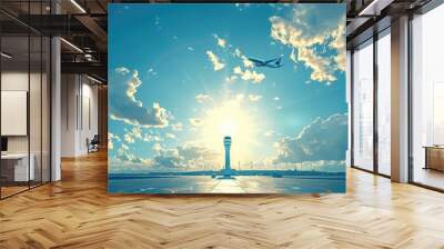 A passenger plane has just left the tower and flew into the sky. In the distance is the airport, with blue sky and white clouds, and bright sunshine. Vector illustration style. Generative AI. Wall mural