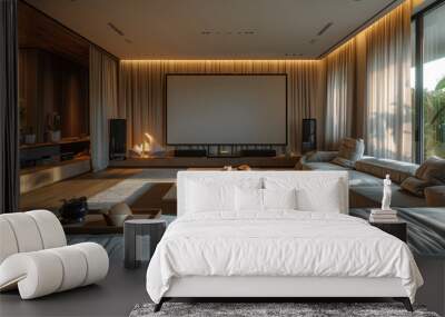 A pure perspective image of the living room with the large screen projection in the center and the brown wooden table around the sofa in the middle, luxury minimalist style. Generative AI. Wall mural