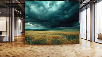 A quiet field and from afar, with a really dark storm coming with a dark sky covered in dark. Generative AI. Wall mural