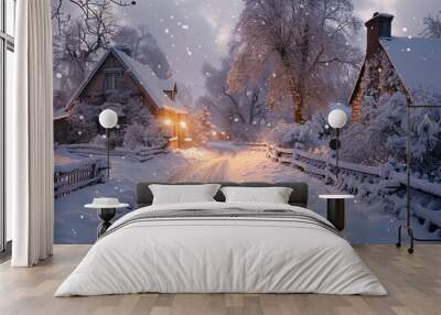 A quiet village street covered in snow. Generative AI. Wall mural