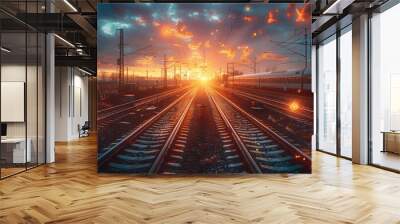 a railway infrastructure in sunrise with many rail tracks, with symbols representing digital station Wall mural