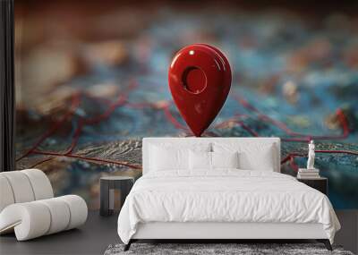 A red location pin on top of a map is in focus. Generative AI. Wall mural