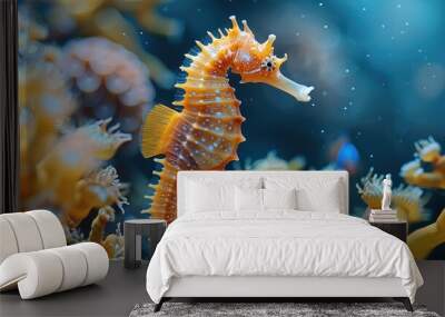 A seahorse daddy is looking after his babies, coral reef, blue sea. Generative AI. Wall mural