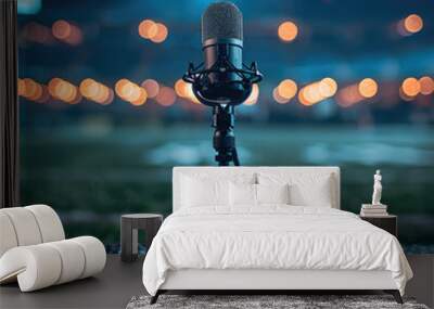 A single microphone on a stand in the middle of stadium at night. Wall mural