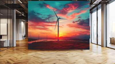 A single wind turbine silhouetted against a sky painted in the vibrant colors of sunrise. Generative AI. Wall mural